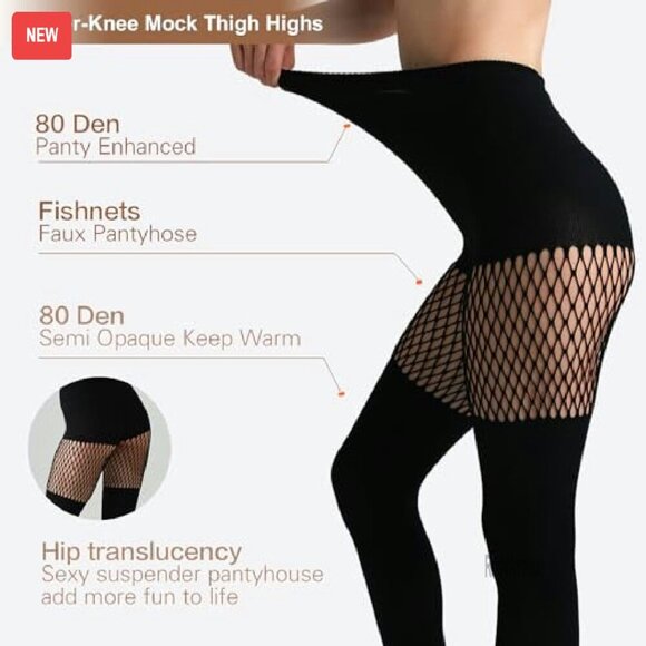 Mock Suspender Fishnet Tights Pack of 2 - Faux Thigh High Stockings - Picture 4 of 8
